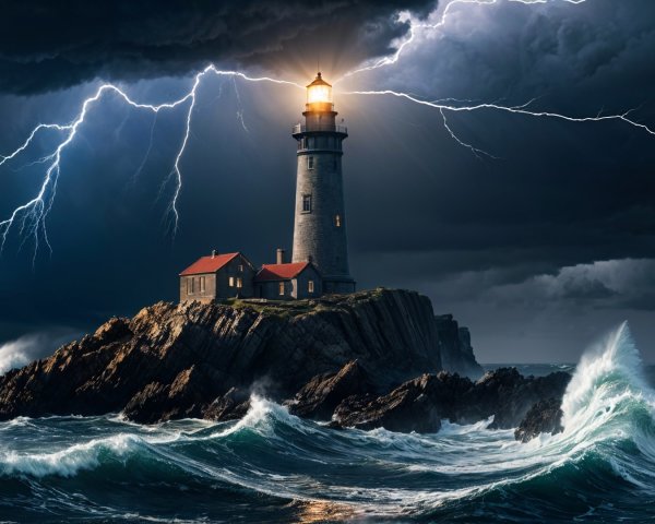Dramatic Lighthouse on Rocky Cliff During Stormy Weather