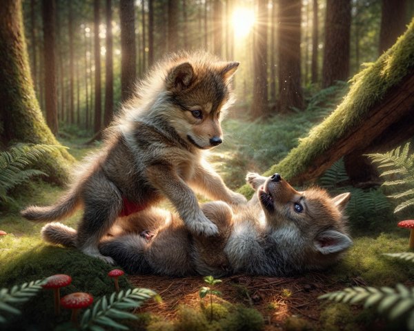 Wolf Pups Play in Sunlit Forest Glade with Ferns