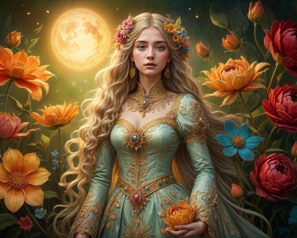 Young woman in teal gown in a vibrant garden scene