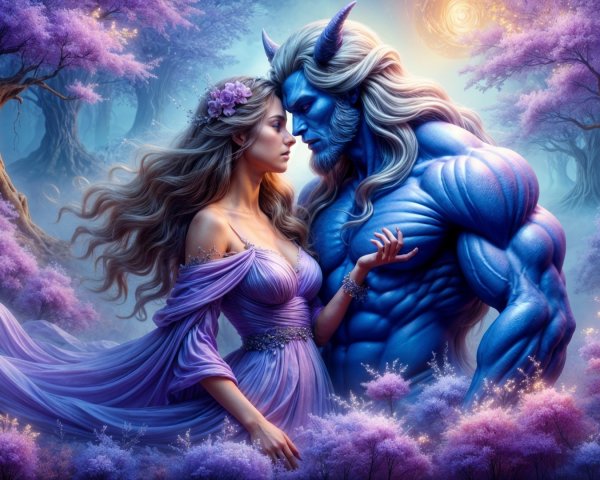 Mystical forest with purple trees and blue beast
