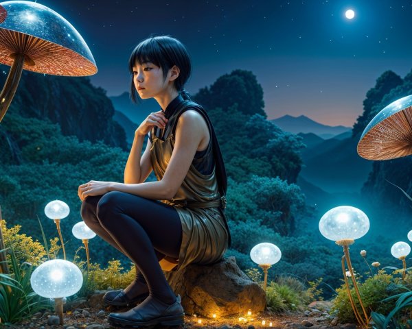 Moonlit Landscape with Young Woman and Glowing Mushrooms