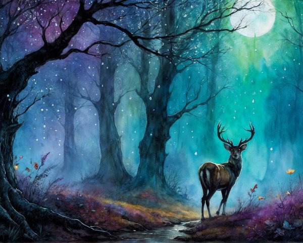 Majestic deer by a moonlit stream in a forest