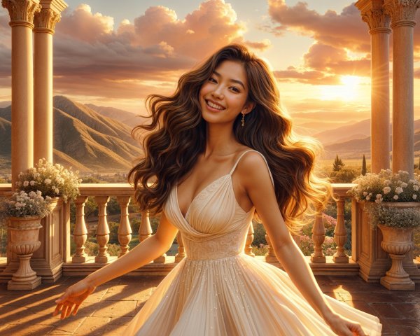 Young Woman in Elegant Gown Against Sunset Background