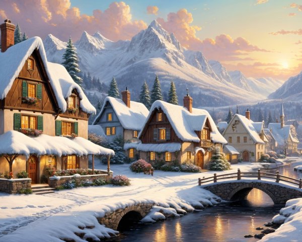 Winter Village Surrounded by Snow-Capped Mountains