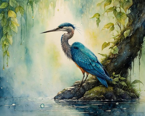 Watercolor Painting of Heron by Serene Water Body