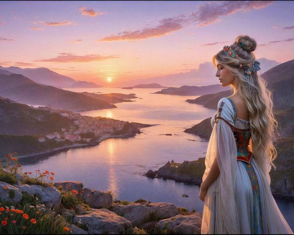 Enchanting Landscape with Woman at Sunset by Bay
