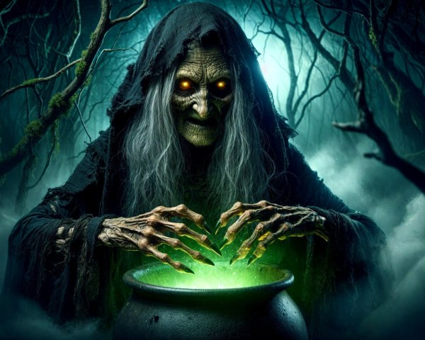 Witch Brewing Dark Potion in Eerie Forest Setting