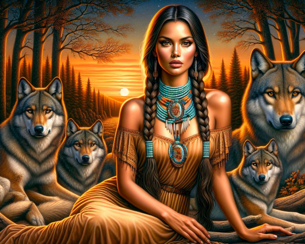 Young woman with wolves in a sunset forest scene