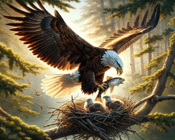 Bald Eagle Feeding Eaglets in Forest Nest Scene