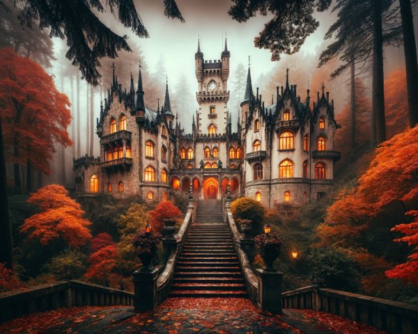 Gothic castle in autumn forest with warm glowing light
