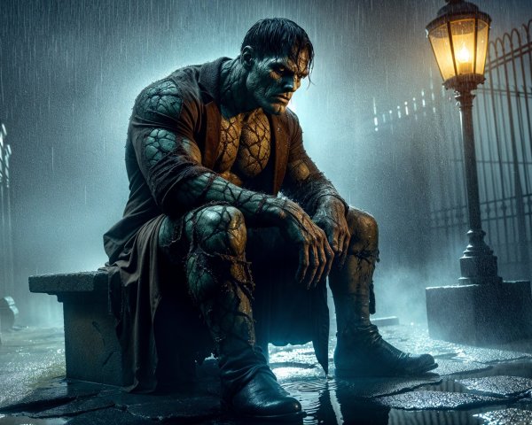 Muscular Creature in Rainy, Dark Environment