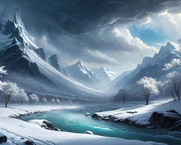 Winter Landscape with Snow-Capped Mountains and River