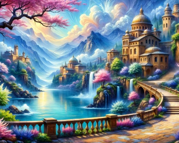 Fantasy Landscape with Lake and Cherry Blossoms