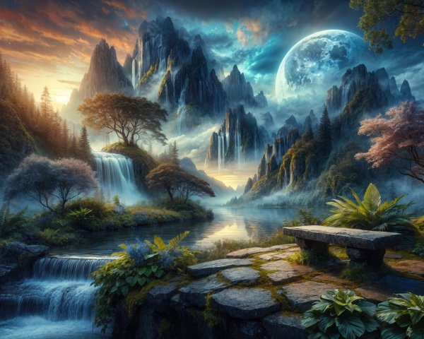 Majestic Mountains and Waterfalls at Sunset Scene