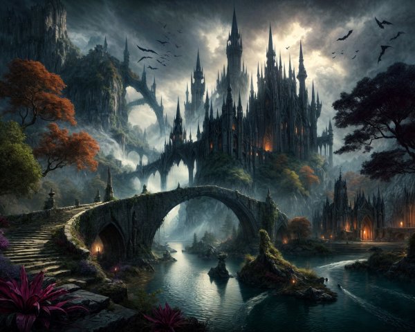 Dark Fantastical Landscape with Castle and Mist