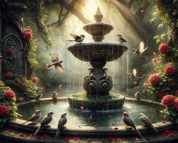 Serene Garden with Ornate Fountain and Vibrant Roses