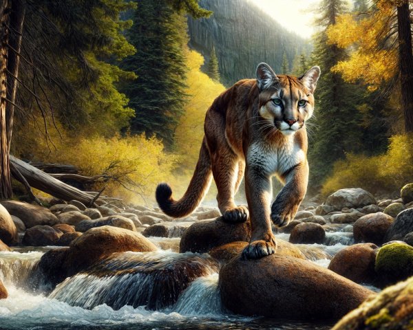 Mountain Lion Walking Through Autumn Landscape