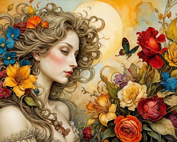 Portrait of a woman with flowers and butterflies