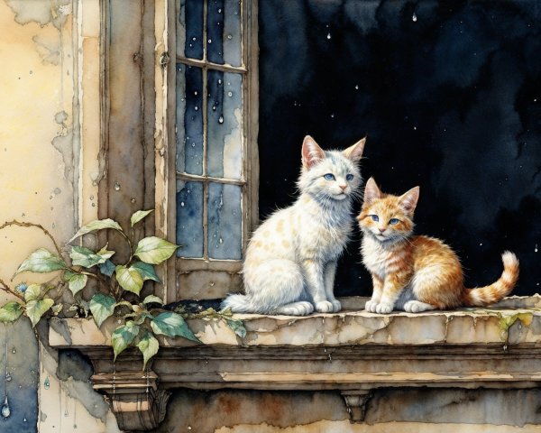 Cats on a weathered windowsill with raindrops and vines