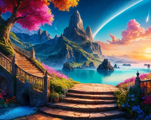 Vibrant Landscape with Mountains and Colorful Sky