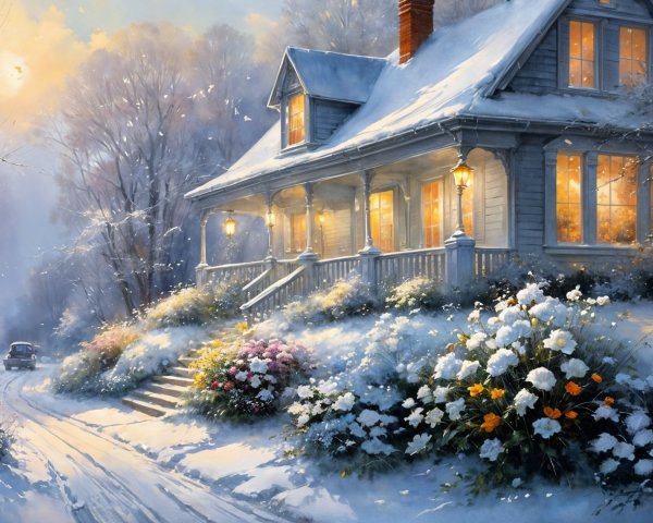 Cozy Winter Scene with Snow-Covered House and Path