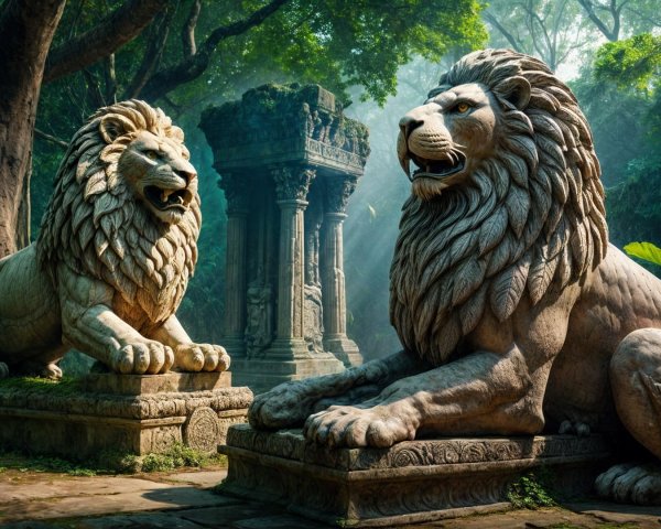 Stone Lions Guarding Ancient Jungle Ruins