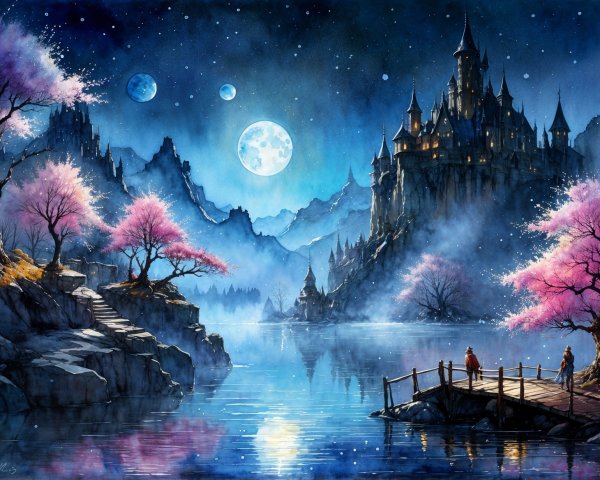 Serene Fantasy Landscape with Lake and Castle