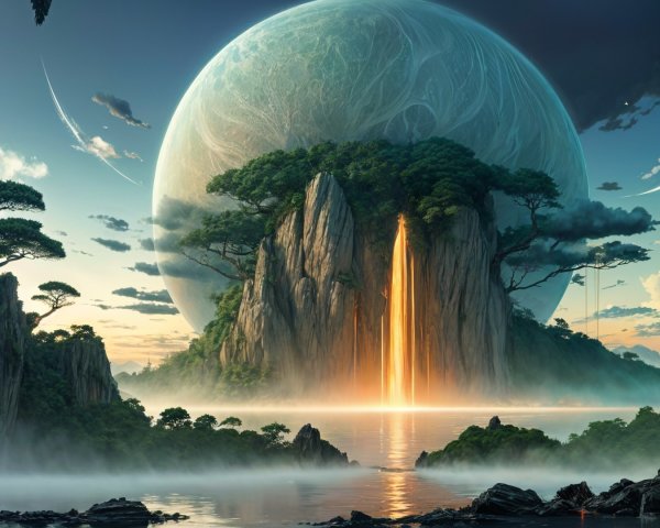 Towering Rock Formation with Waterfall and Lake