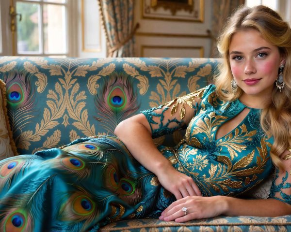 Young woman in turquoise dress on ornate sofa