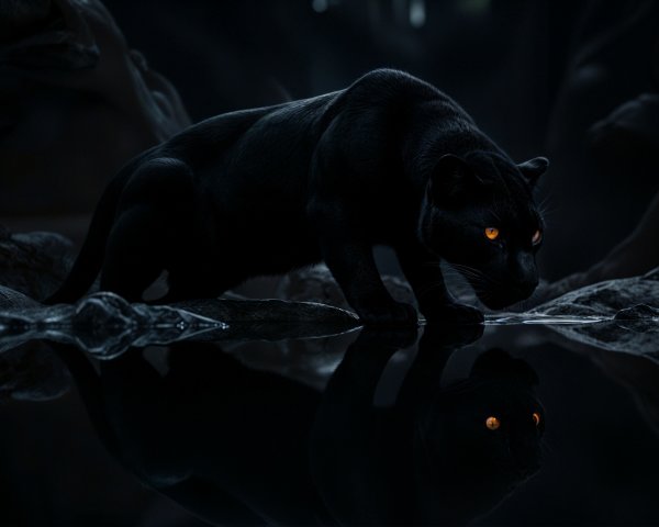 Black Panther Near Dark Reflective Water Surface