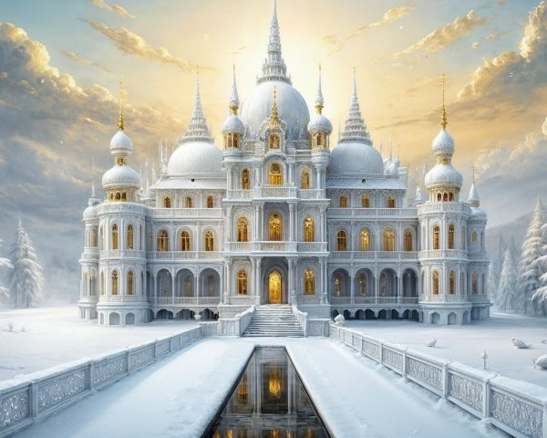 Snow-Covered Palace in Twilight with Reflective Pond