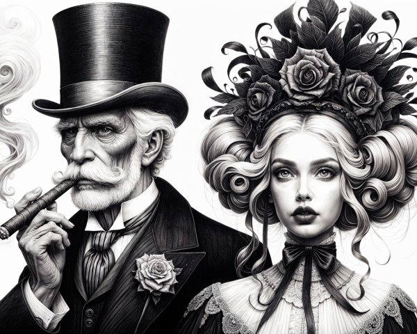 Victorian Couple in Elegant Attire with Intricate Details