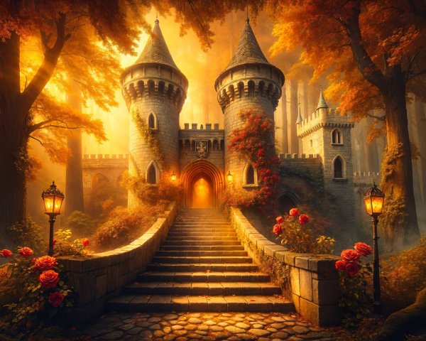 Castle Surrounded by Vibrant Autumn Forest and Roses