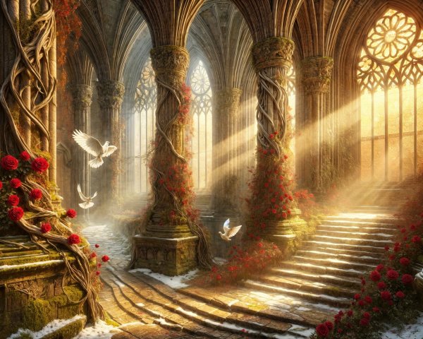 Ancient Cathedral Ruin Surrounded by Red Roses