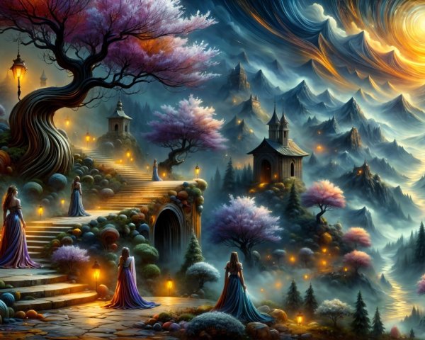 Mystical Landscape with Blossoming Trees and Lanterns