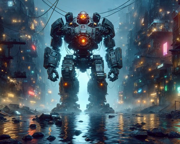 Neon-Lit Mech in Urban Landscape with Futuristic Skyscrapers