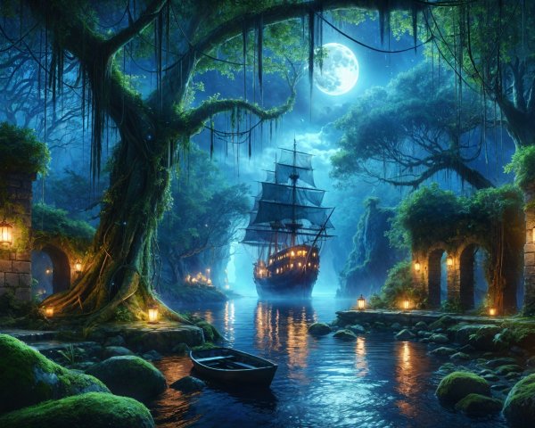 Mystical Pirate Ship Scene Under Glowing Moonlight