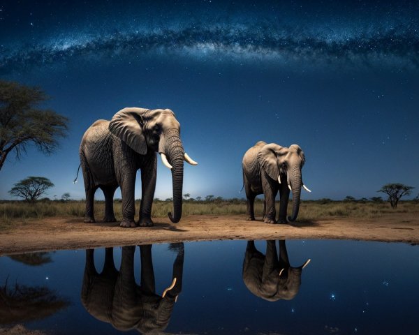 Elephants by Waterhole Under Starry Night Sky
