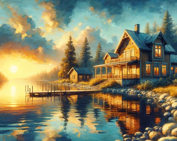 Lakeside Cabin at Sunset with Tranquil Landscape