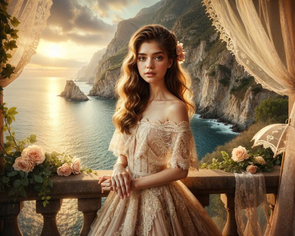 Young Woman in Lace Gown by Coastal Balcony at Sunset