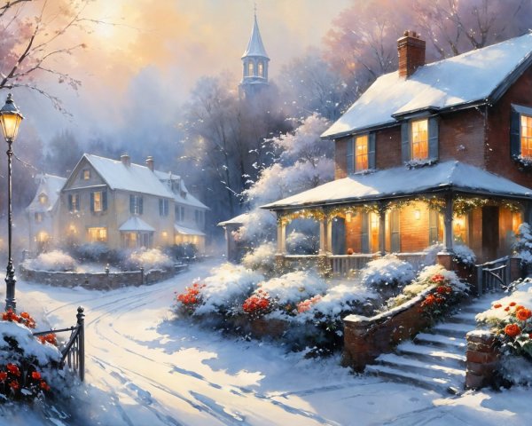 Cozy Brick House in Serene Winter Scene