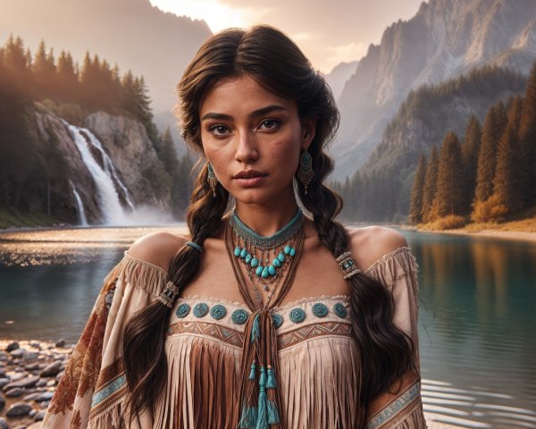 Young Woman by Lake with Mountains and Waterfall