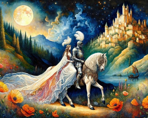Knight and Maiden by a Castle Under the Moonlight