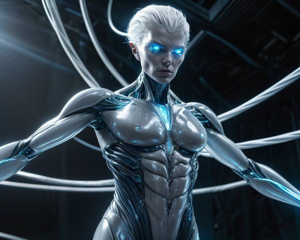 Futuristic humanoid robot with glowing blue eyes