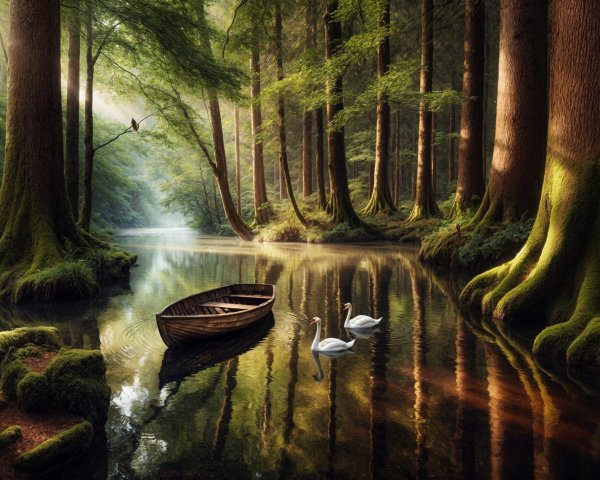 Serene Forest Scene with River and Swans