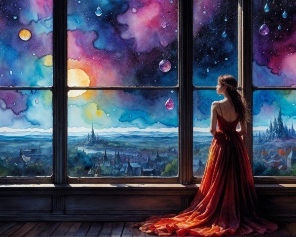 Whimsical Scene of a Woman in a Red Gown by a Window