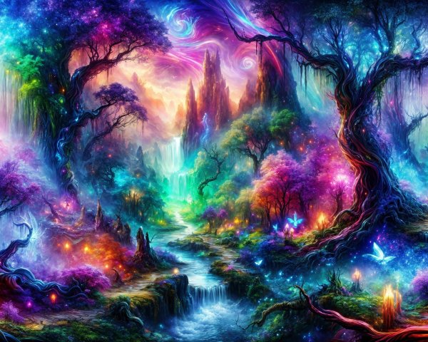 Vibrant Enchanted Forest with Colorful Trees and Waterfalls