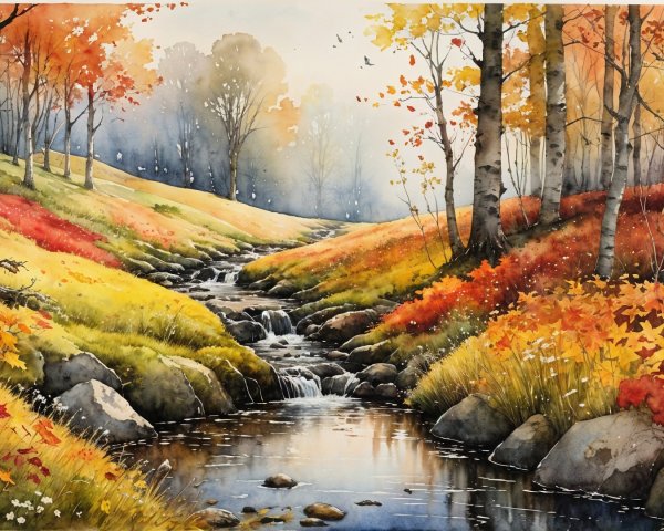 Tranquil Autumn Landscape with Stream and Colorful Foliage