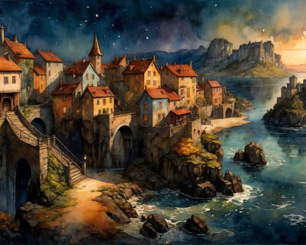 Coastal Village with Cliffs and Sunset Landscape