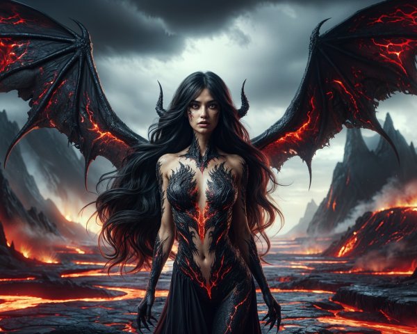 Mythical Figure in Volcanic Landscape with Wings